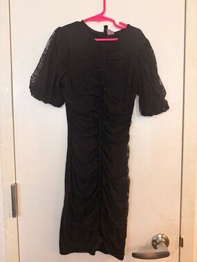 H&M Black Ruched Midi Dress with Puff Sleeves